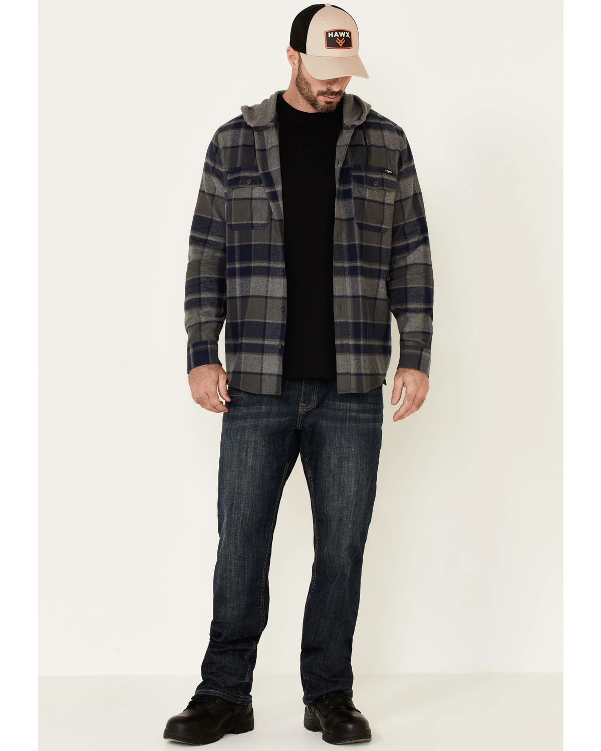 Hawx Men's Dark Gray Townsend Plaid Hooded Long Sleeve Flannel Work Shirt