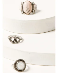 Prime Time Jewelry Women's Pink Marble & Silver Statement Ring Set
