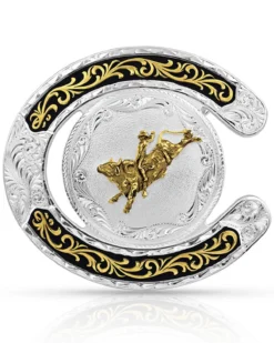 Montana Silversmiths Men's Two Tone Horseshoe Bull Rider Buckle