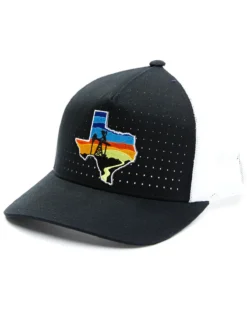 Oil Field Hats Men's Black & White Texas State Sunset Patch Golf Mesh-Back Ball Cap